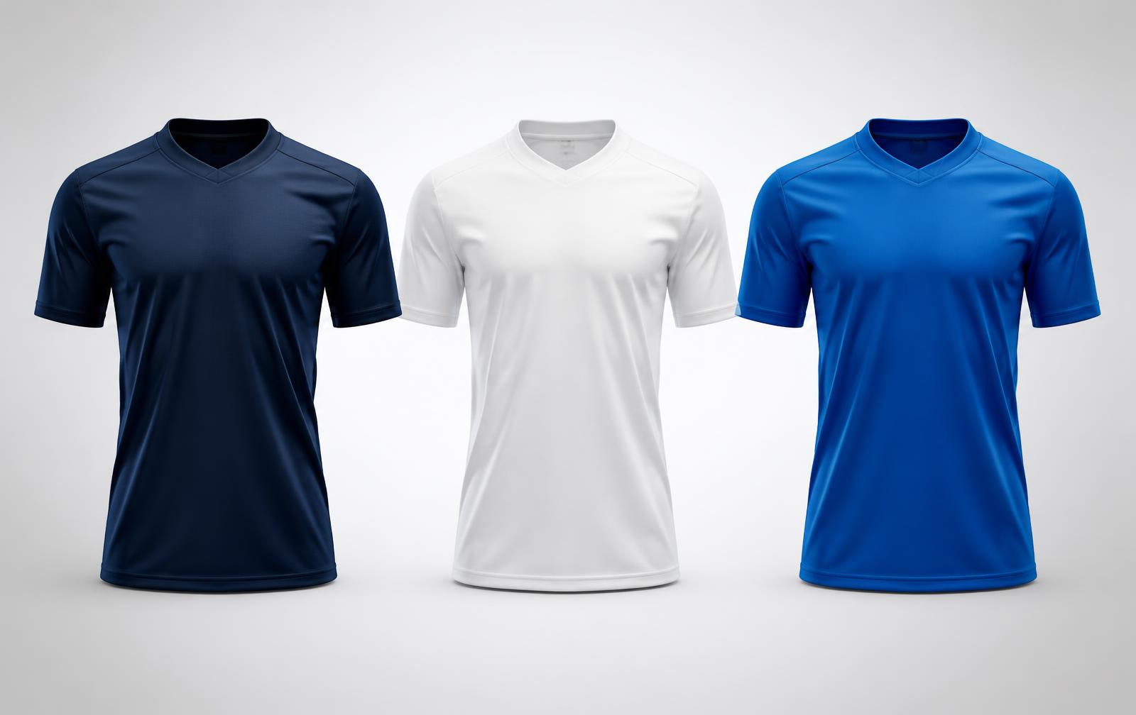 Três camisas esportivas lado a lado em fundo claro